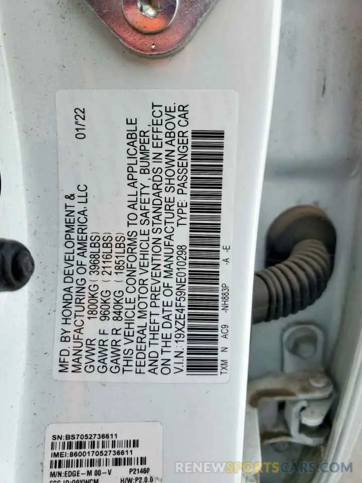 13 Фотография поврежденного автомобиля 19XZE4F59NE010298 HONDA INSIGHT 2022