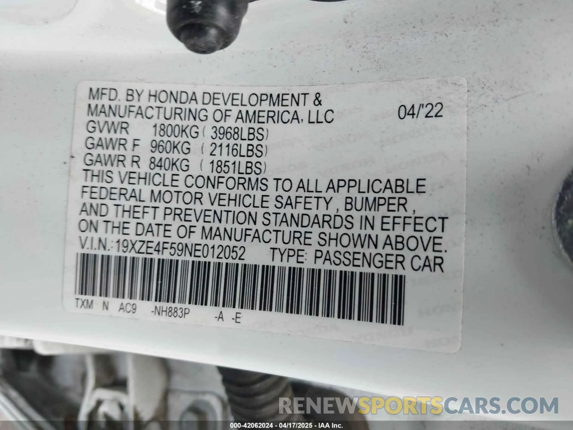 9 Фотография поврежденного автомобиля 19XZE4F59NE012052 HONDA INSIGHT 2022