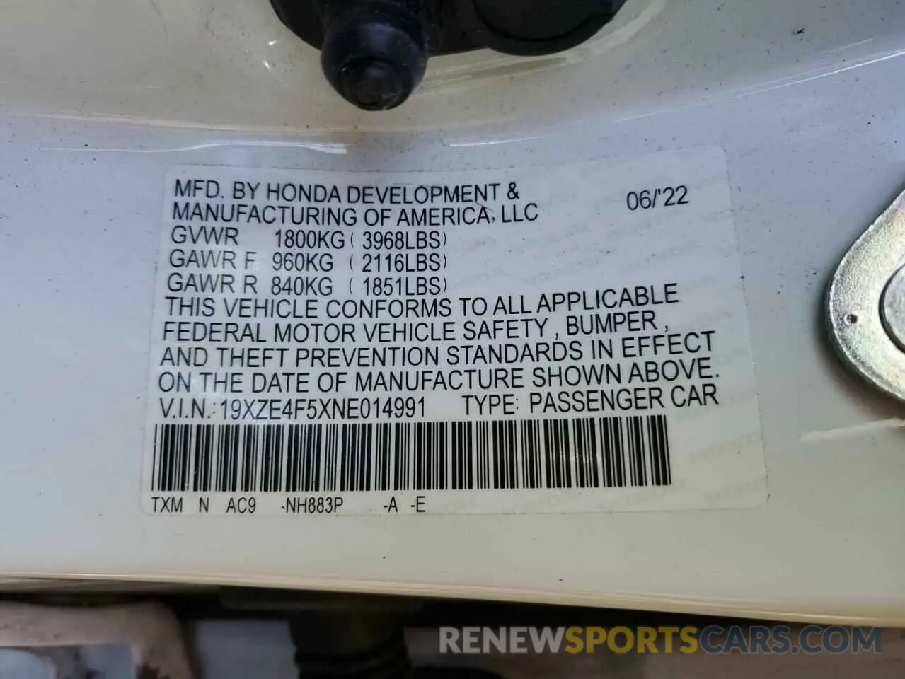 14 Фотография поврежденного автомобиля 19XZE4F5XNE014991 HONDA INSIGHT 2022