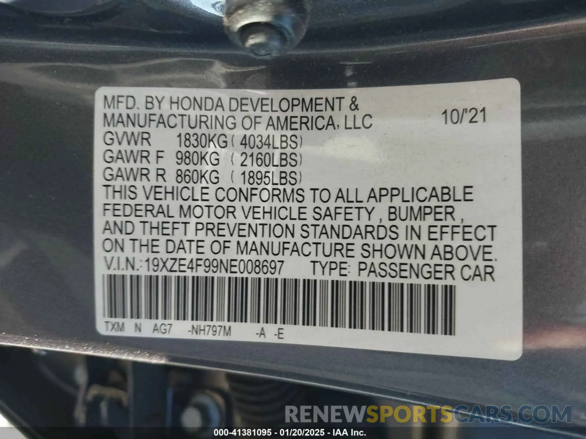 9 Фотография поврежденного автомобиля 19XZE4F99NE008697 HONDA INSIGHT 2022