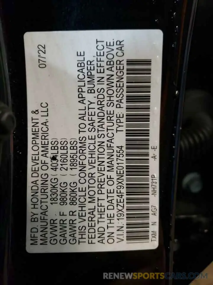 12 Photograph of a damaged car 19XZE4F9XNE017554 HONDA INSIGHT 2022