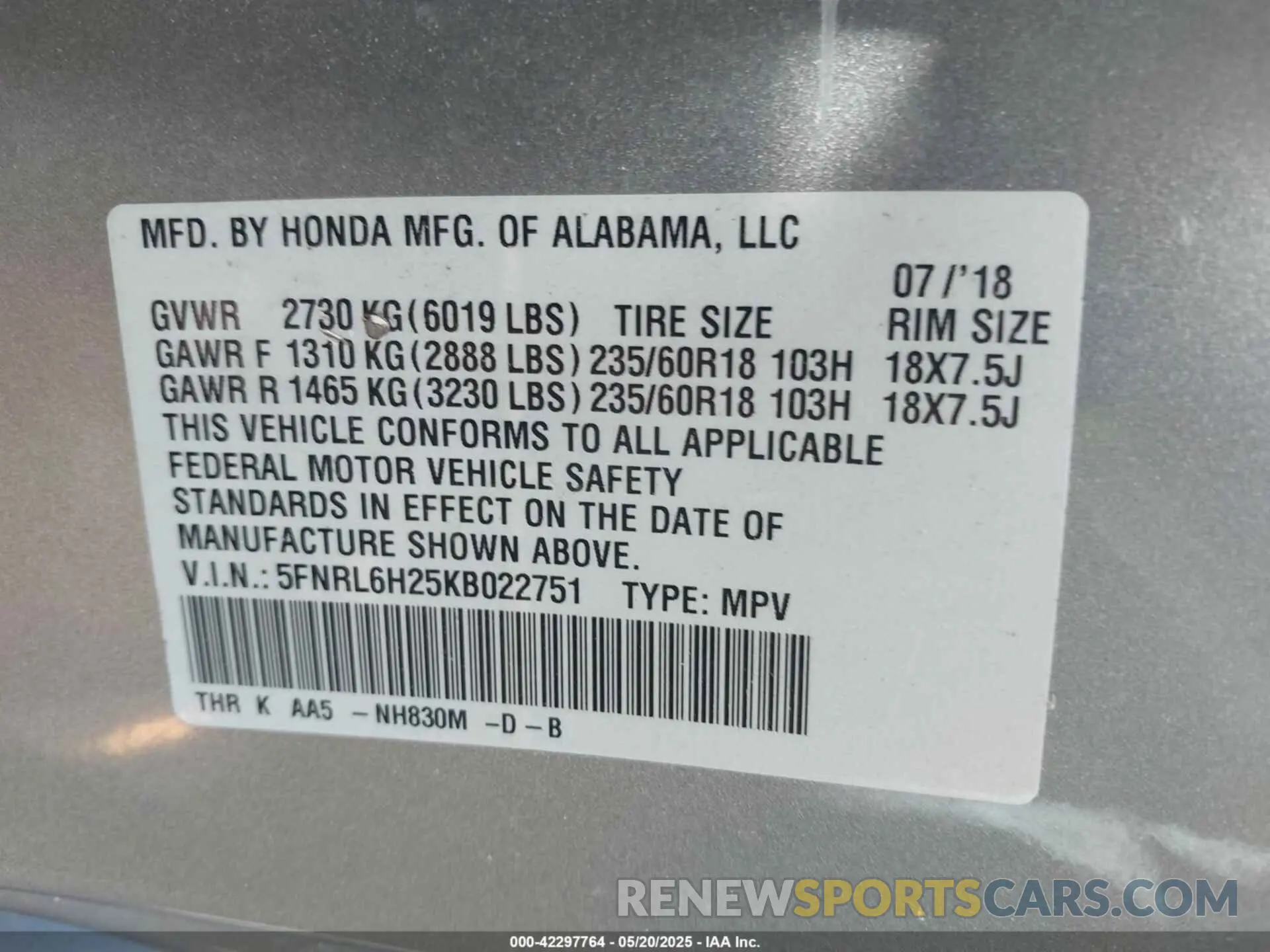 9 Фотография поврежденного автомобиля 5FNRL6H25KB022751 HONDA ODYSSEY 2019