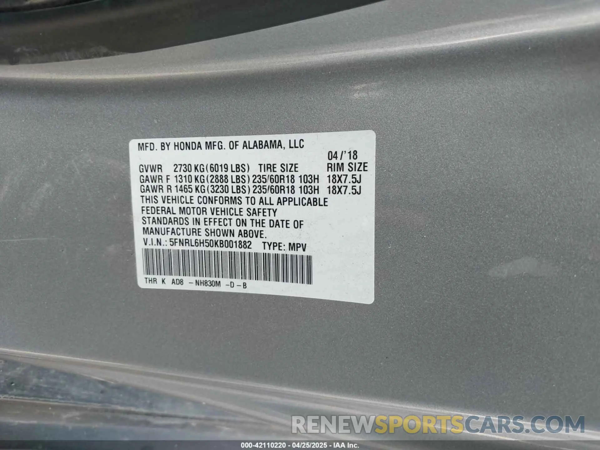 9 Фотография поврежденного автомобиля 5FNRL6H50KB001882 HONDA ODYSSEY 2019