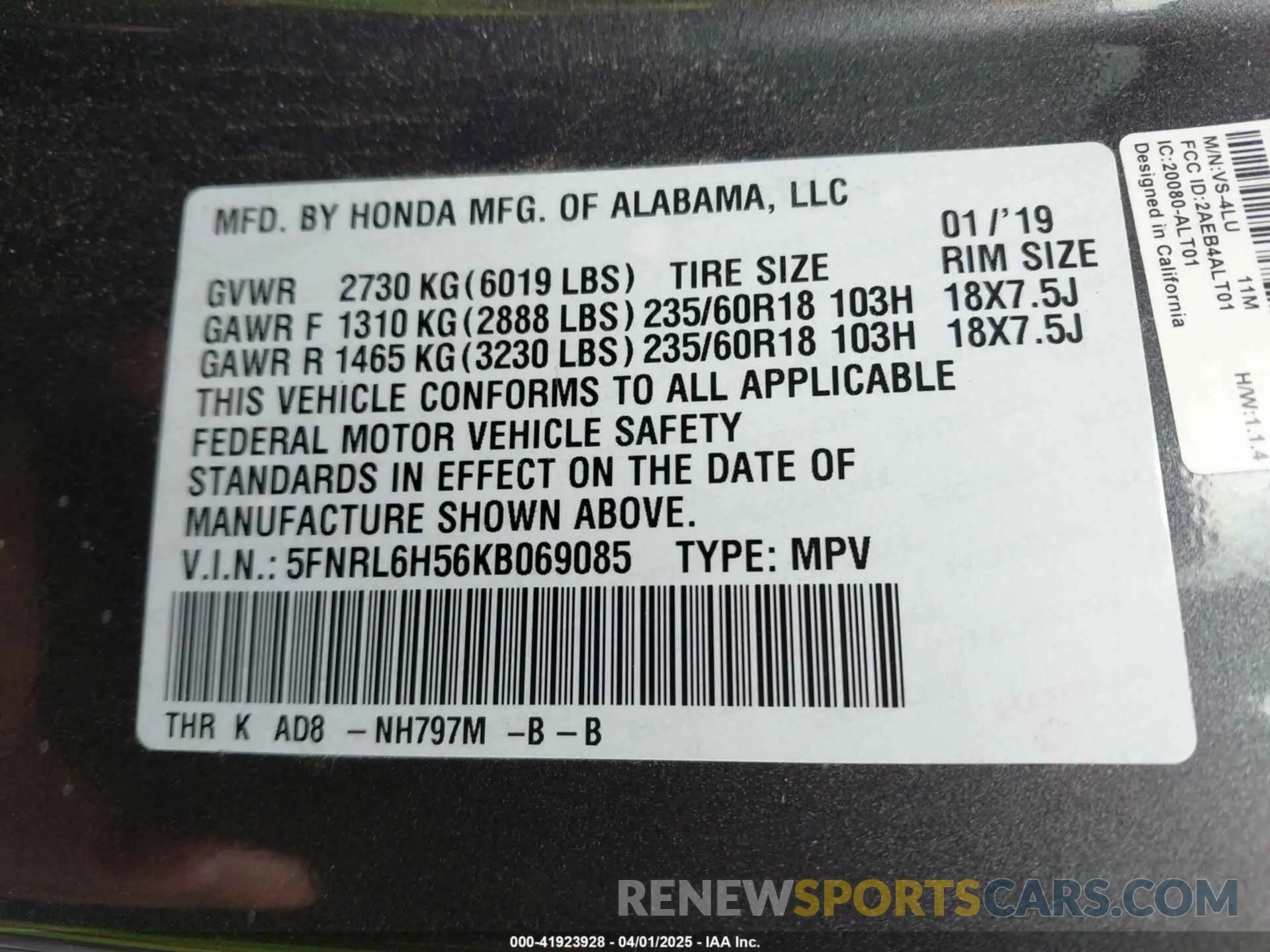 9 Photograph of a damaged car 5FNRL6H56KB069085 HONDA ODYSSEY 2019