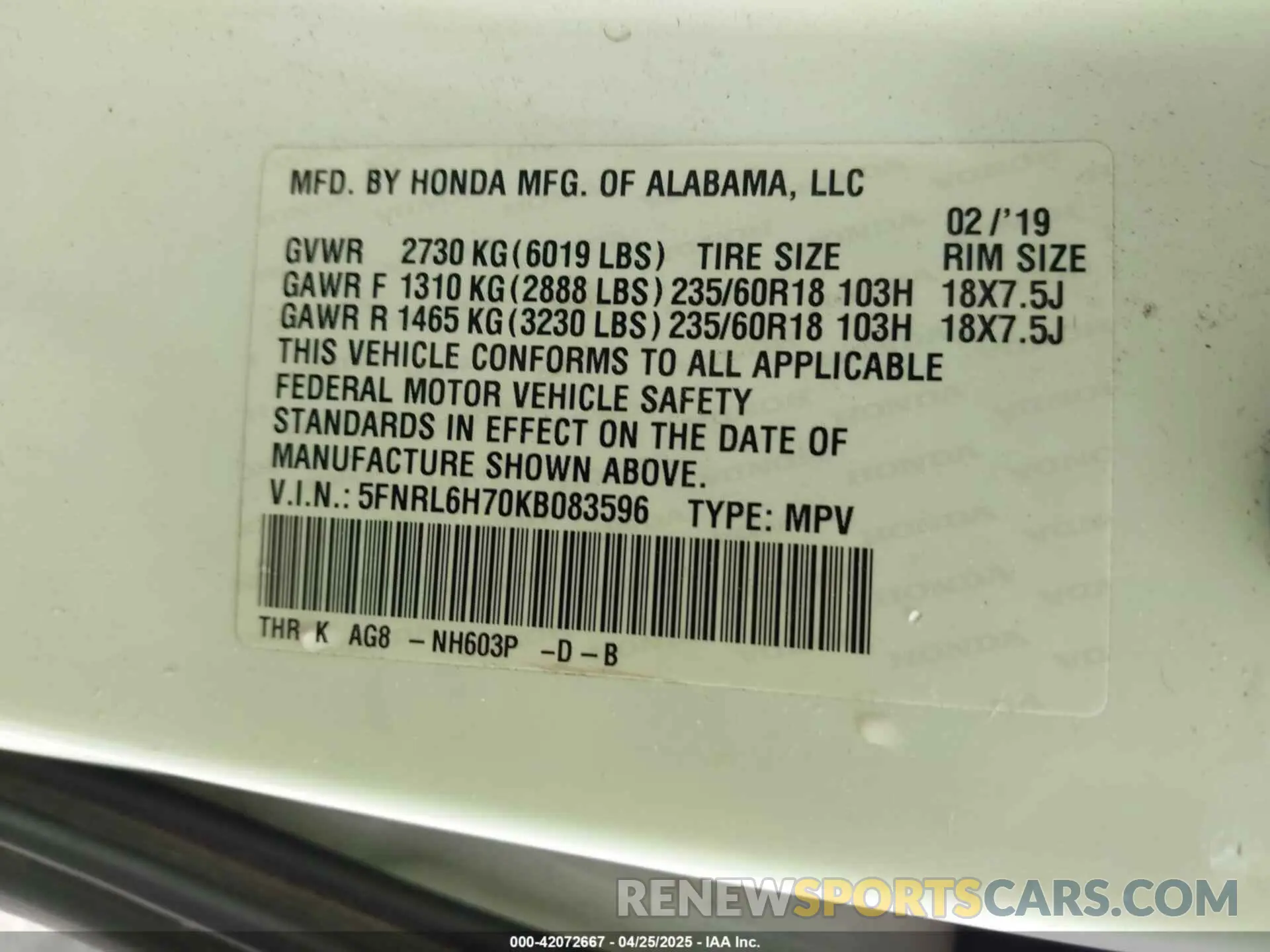 9 Фотография поврежденного автомобиля 5FNRL6H70KB083596 HONDA ODYSSEY 2019