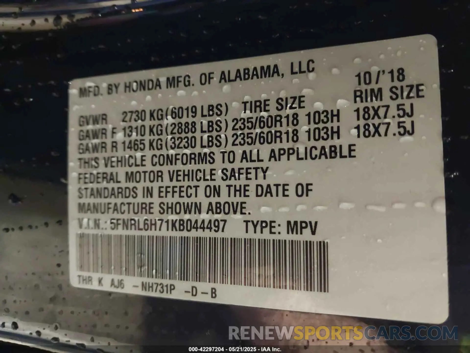 9 Фотография поврежденного автомобиля 5FNRL6H71KB044497 HONDA ODYSSEY 2019