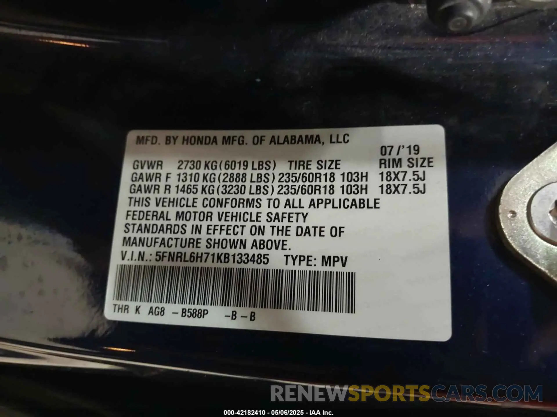9 Фотография поврежденного автомобиля 5FNRL6H71KB133485 HONDA ODYSSEY 2019