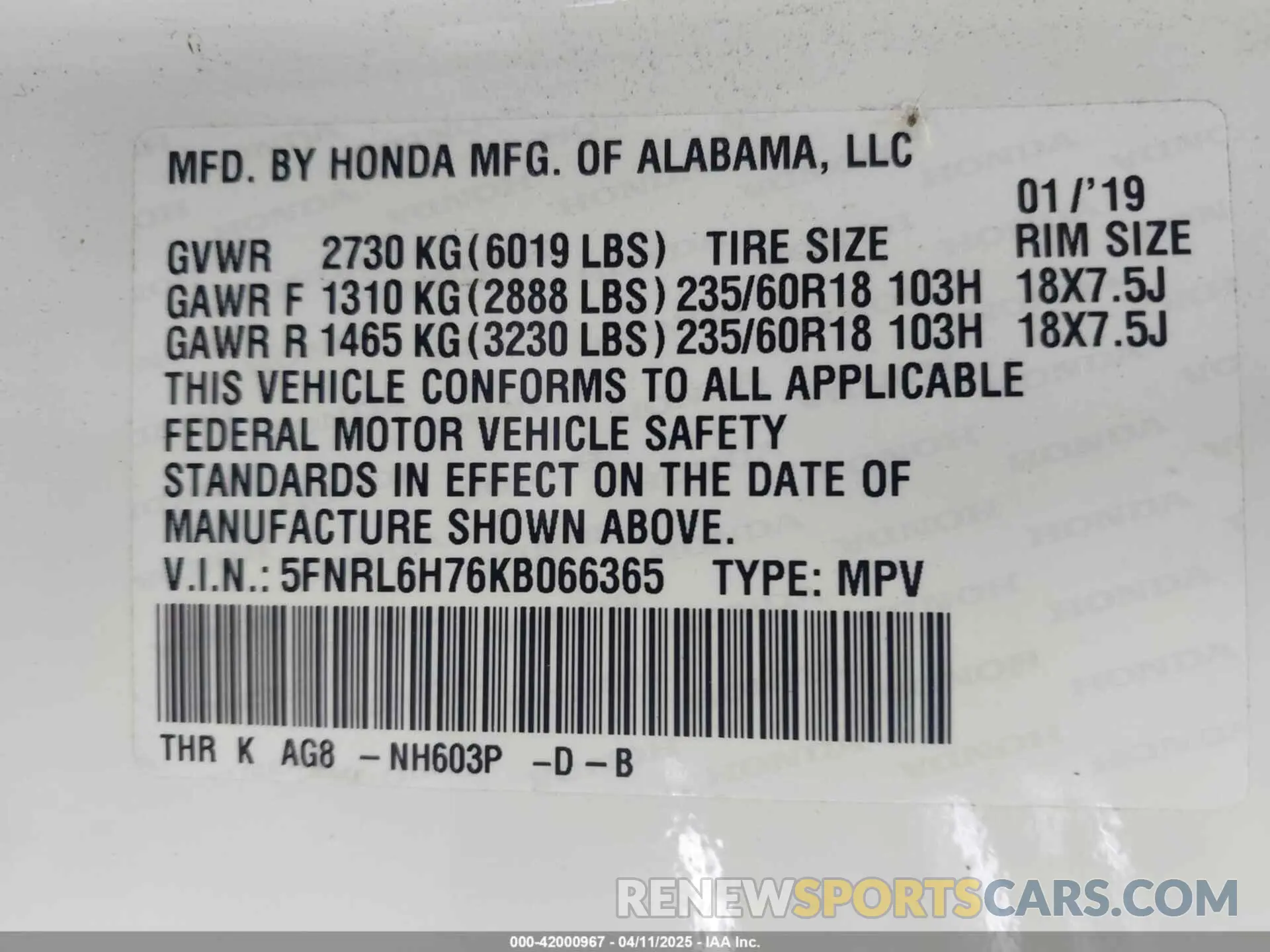 9 Фотография поврежденного автомобиля 5FNRL6H76KB066365 HONDA ODYSSEY 2019