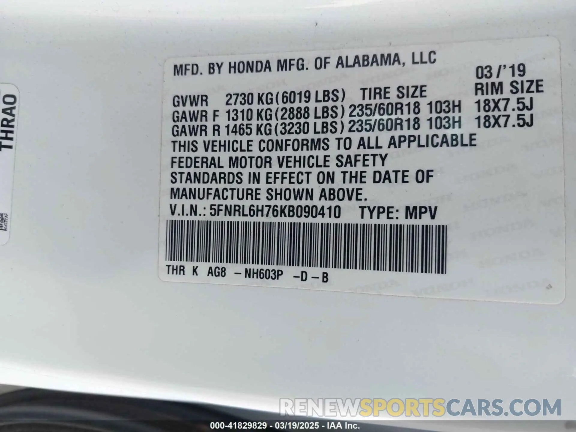 9 Фотография поврежденного автомобиля 5FNRL6H76KB090410 HONDA ODYSSEY 2019