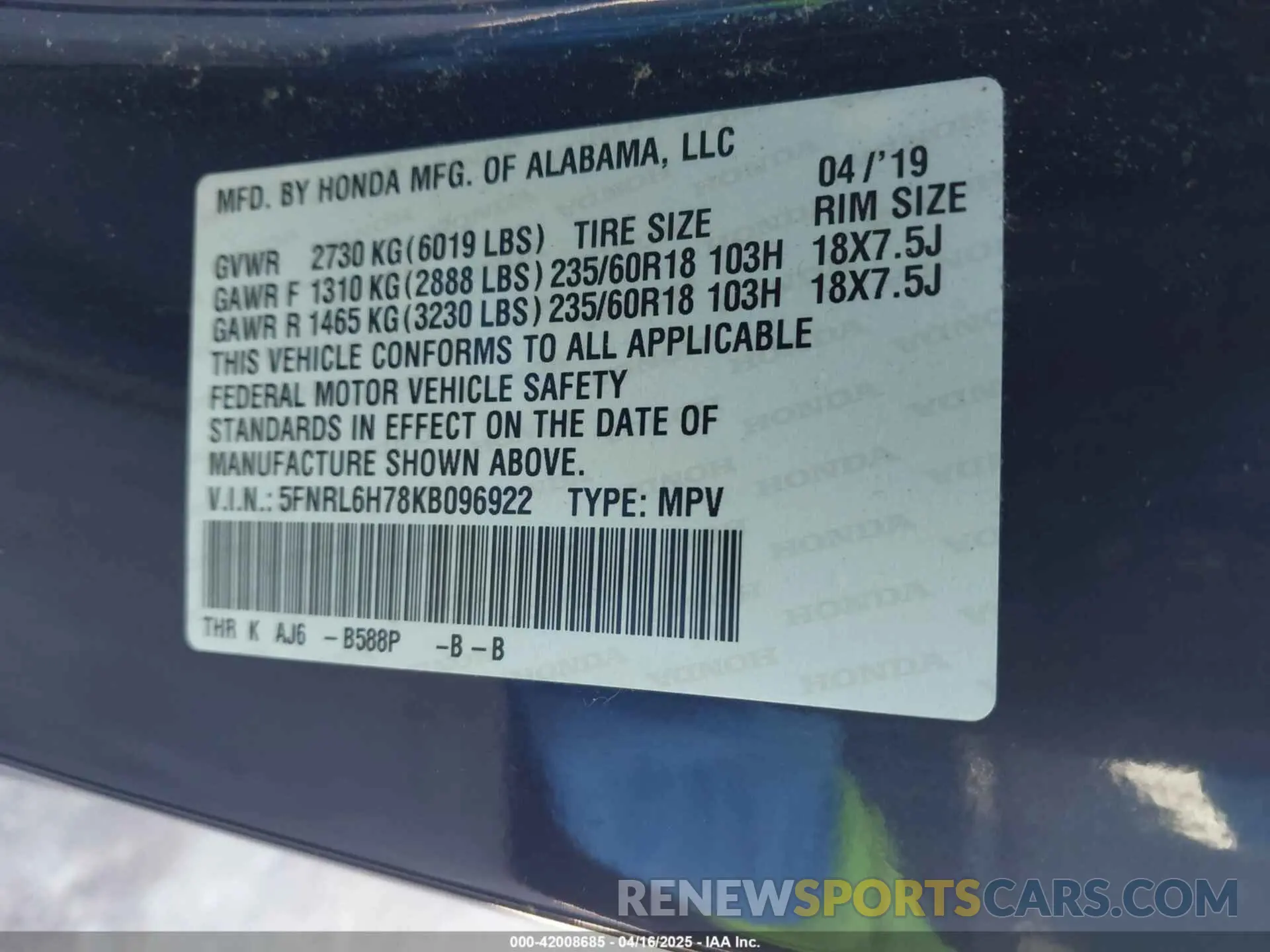 9 Фотография поврежденного автомобиля 5FNRL6H78KB096922 HONDA ODYSSEY 2019