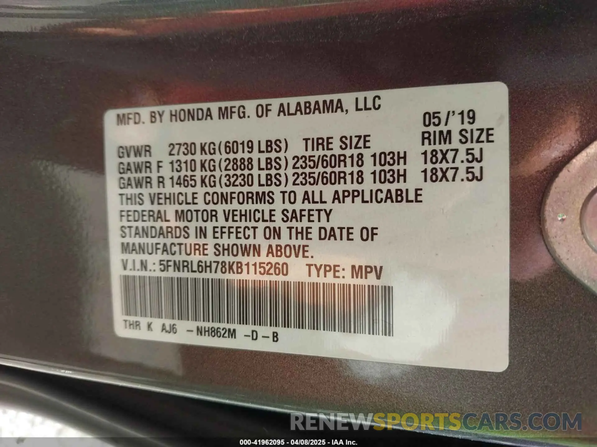 9 Photograph of a damaged car 5FNRL6H78KB115260 HONDA ODYSSEY 2019