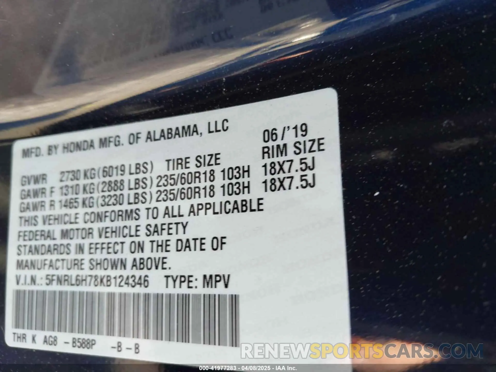 9 Photograph of a damaged car 5FNRL6H78KB124346 HONDA ODYSSEY 2019