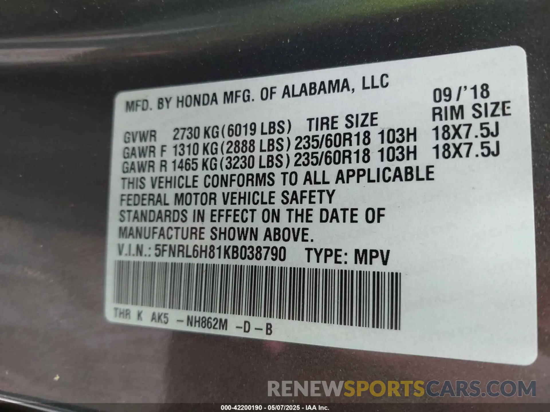 9 Photograph of a damaged car 5FNRL6H81KB038790 HONDA ODYSSEY 2019