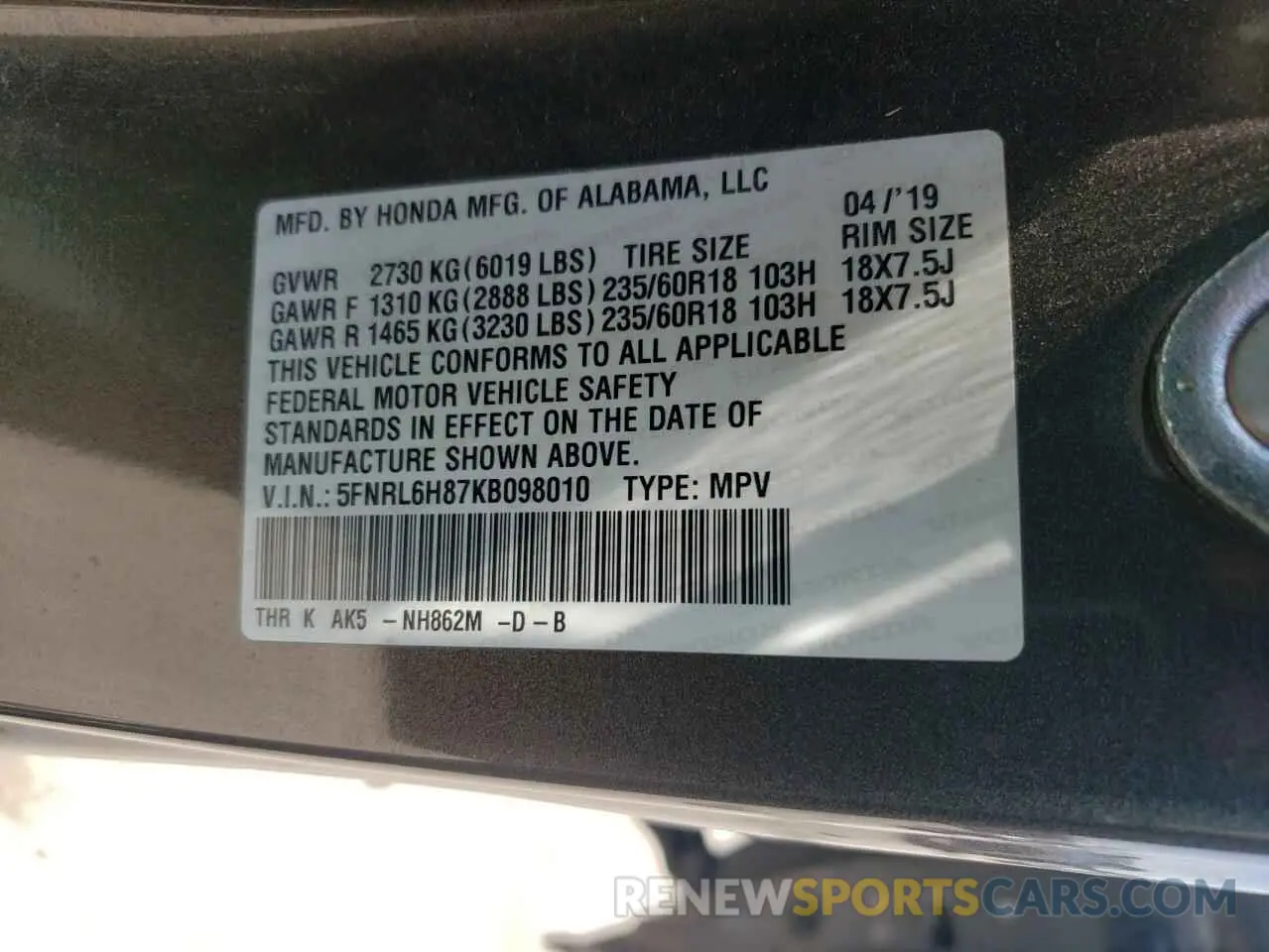 13 Фотография поврежденного автомобиля 5FNRL6H87KB098010 HONDA ODYSSEY 2019