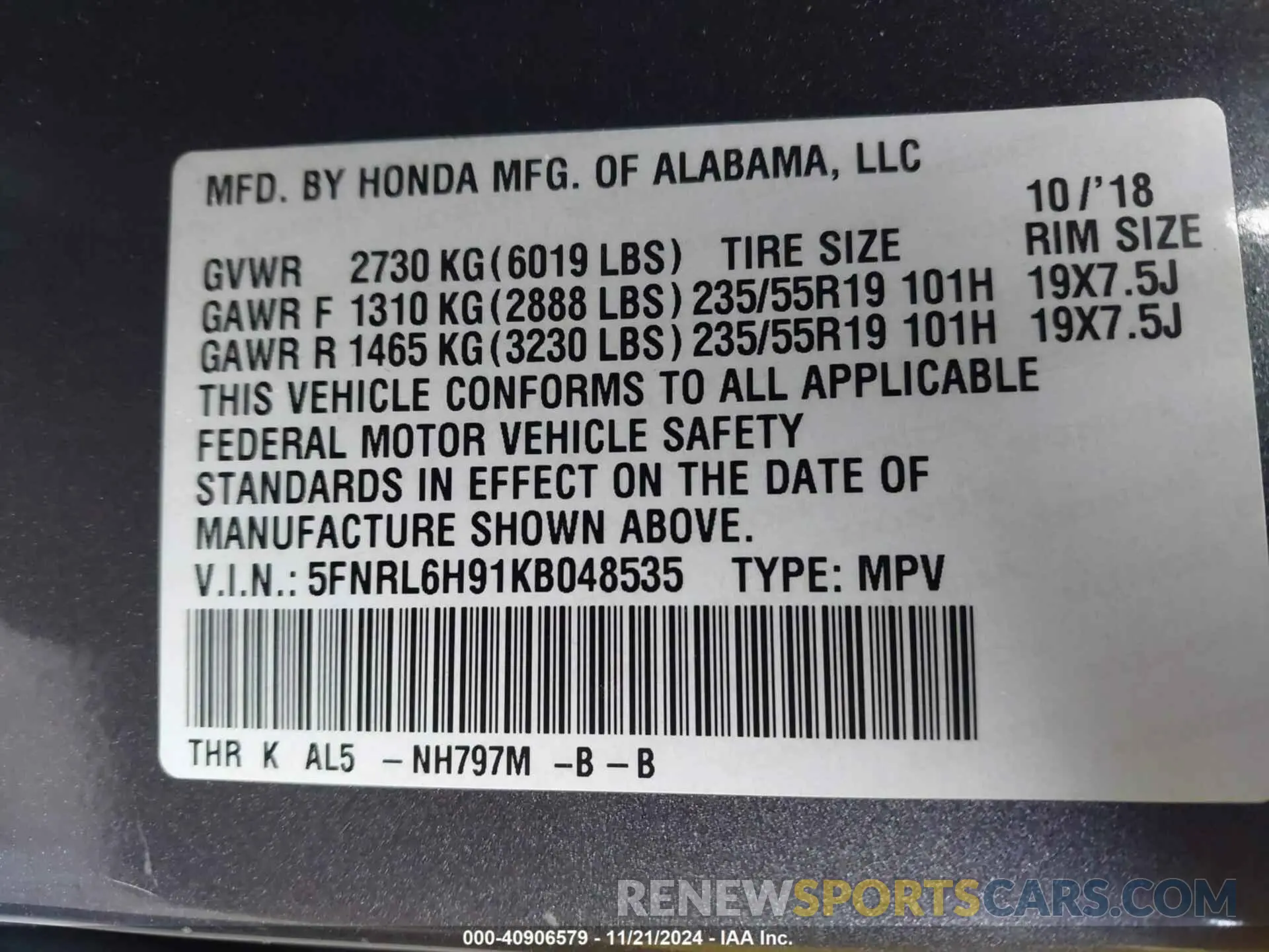 9 Photograph of a damaged car 5FNRL6H91KB048535 HONDA ODYSSEY 2019