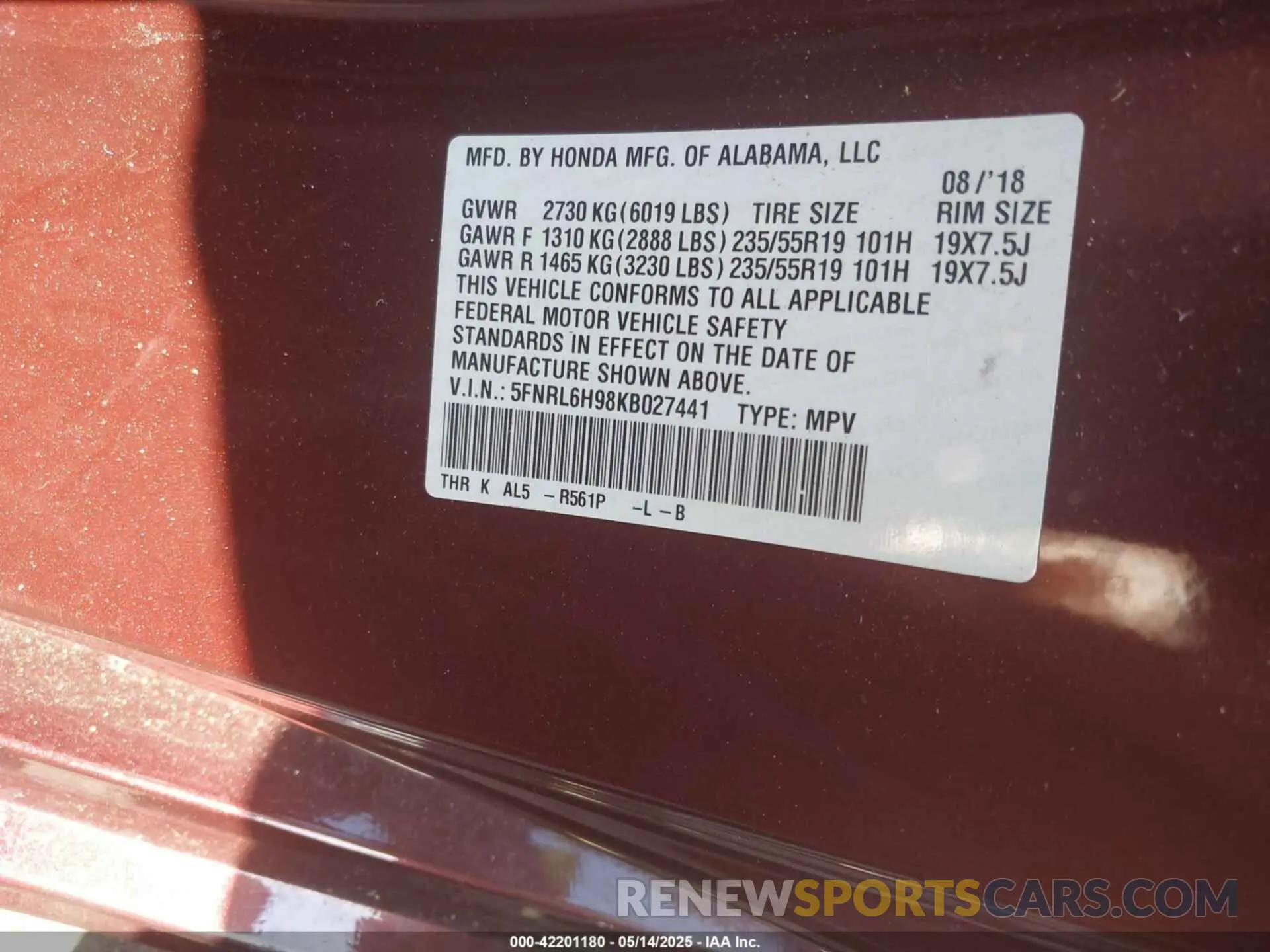 9 Photograph of a damaged car 5FNRL6H98KB027441 HONDA ODYSSEY 2019
