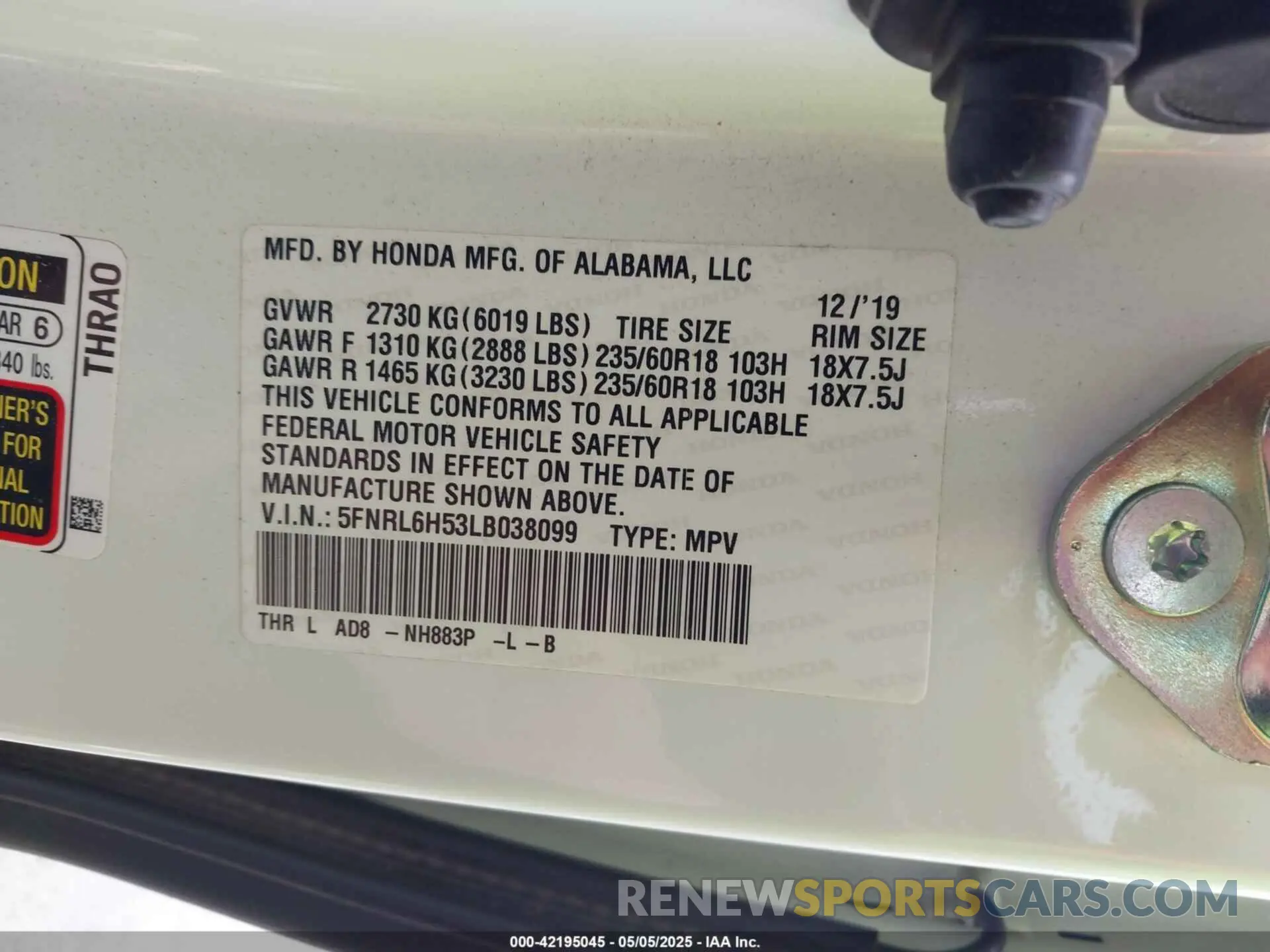 9 Photograph of a damaged car 5FNRL6H53LB038099 HONDA ODYSSEY 2020