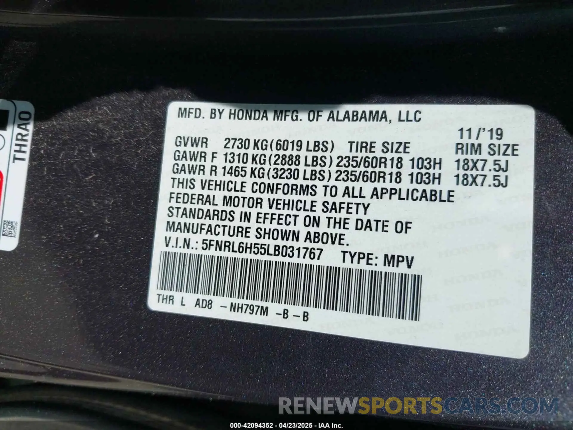 9 Photograph of a damaged car 5FNRL6H55LB031767 HONDA ODYSSEY 2020