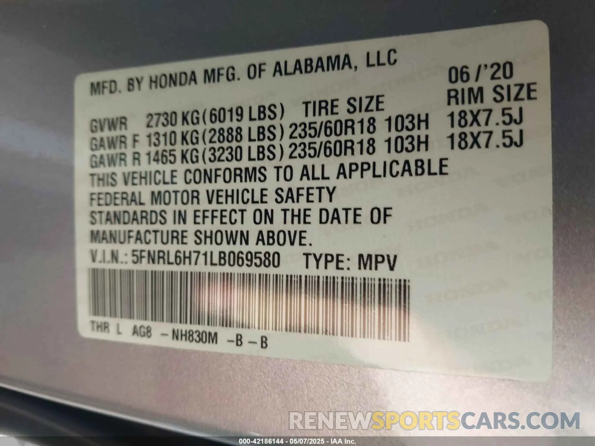 9 Photograph of a damaged car 5FNRL6H71LB069580 HONDA ODYSSEY 2020