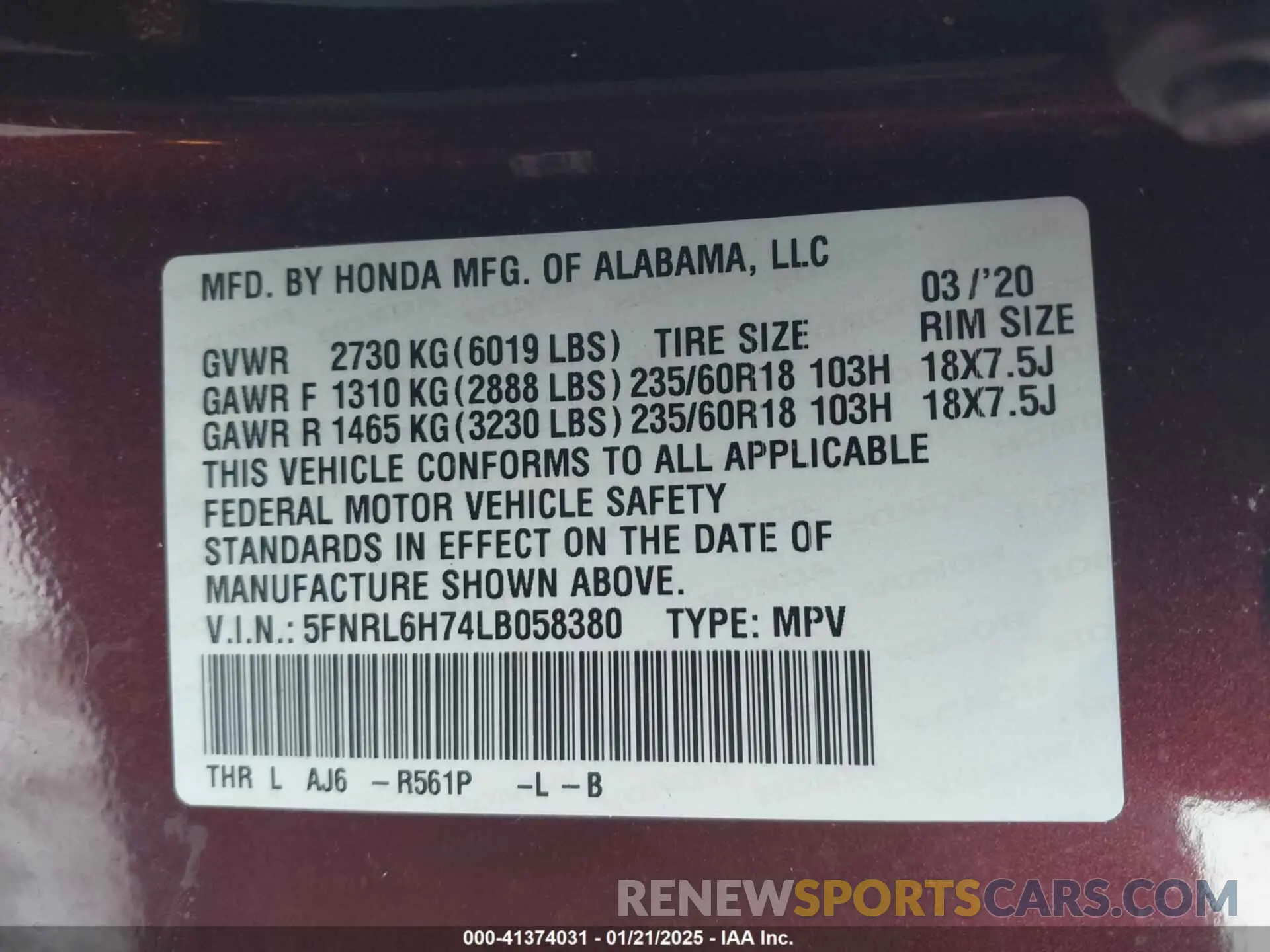 9 Фотография поврежденного автомобиля 5FNRL6H74LB058380 HONDA ODYSSEY 2020