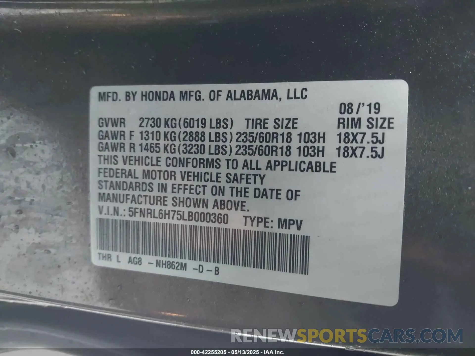 9 Photograph of a damaged car 5FNRL6H75LB000360 HONDA ODYSSEY 2020