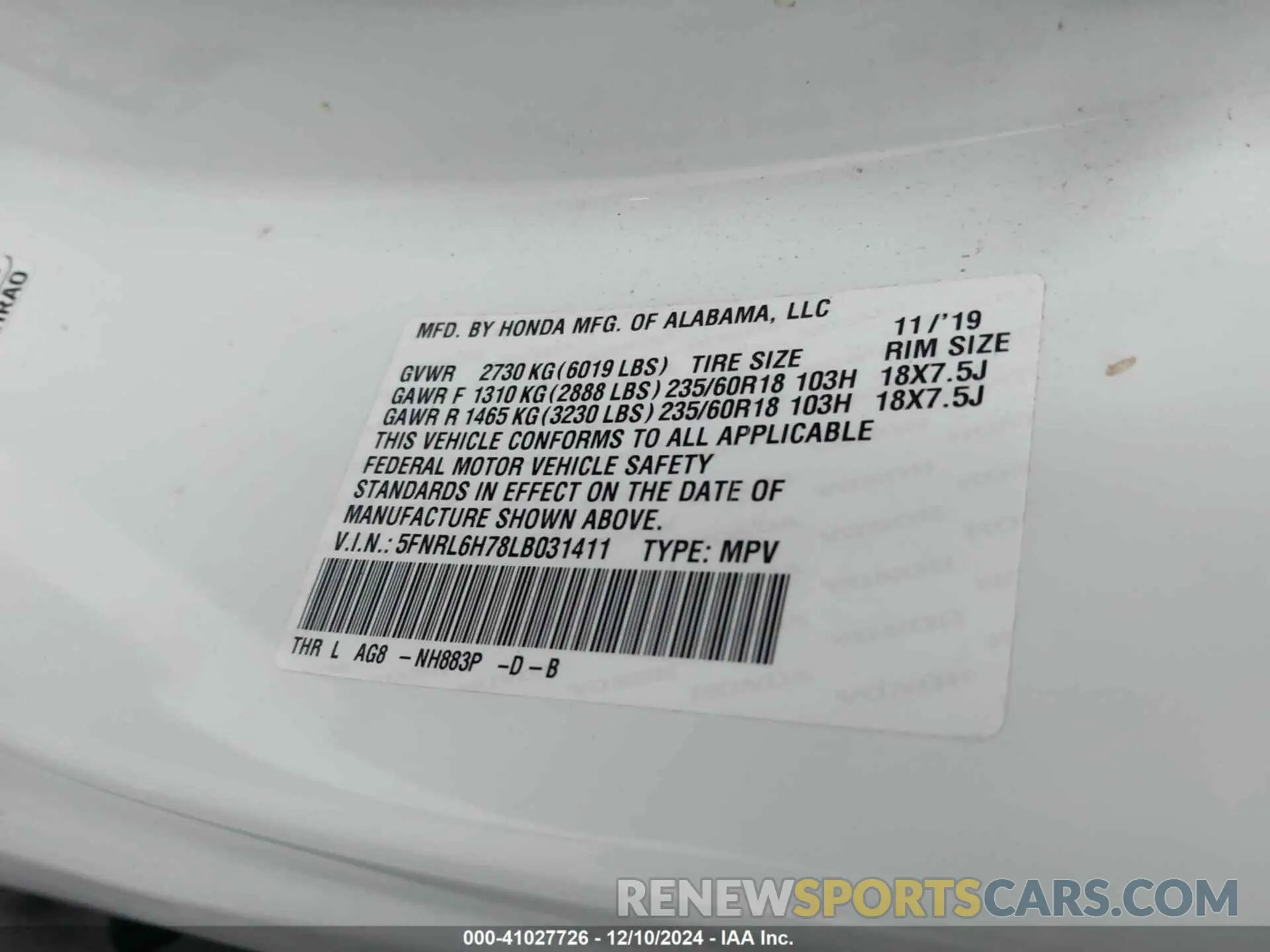 9 Photograph of a damaged car 5FNRL6H78LB031411 HONDA ODYSSEY 2020