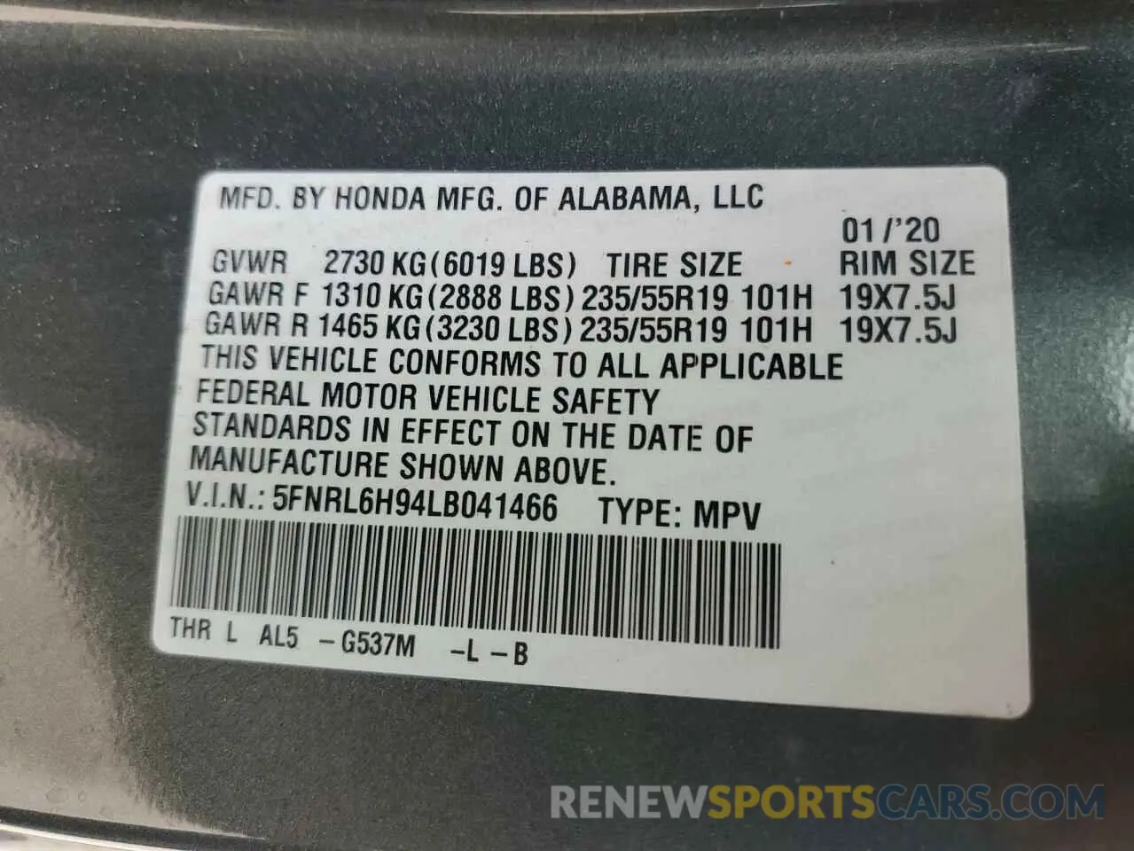 13 Photograph of a damaged car 5FNRL6H94LB041466 HONDA ODYSSEY 2020