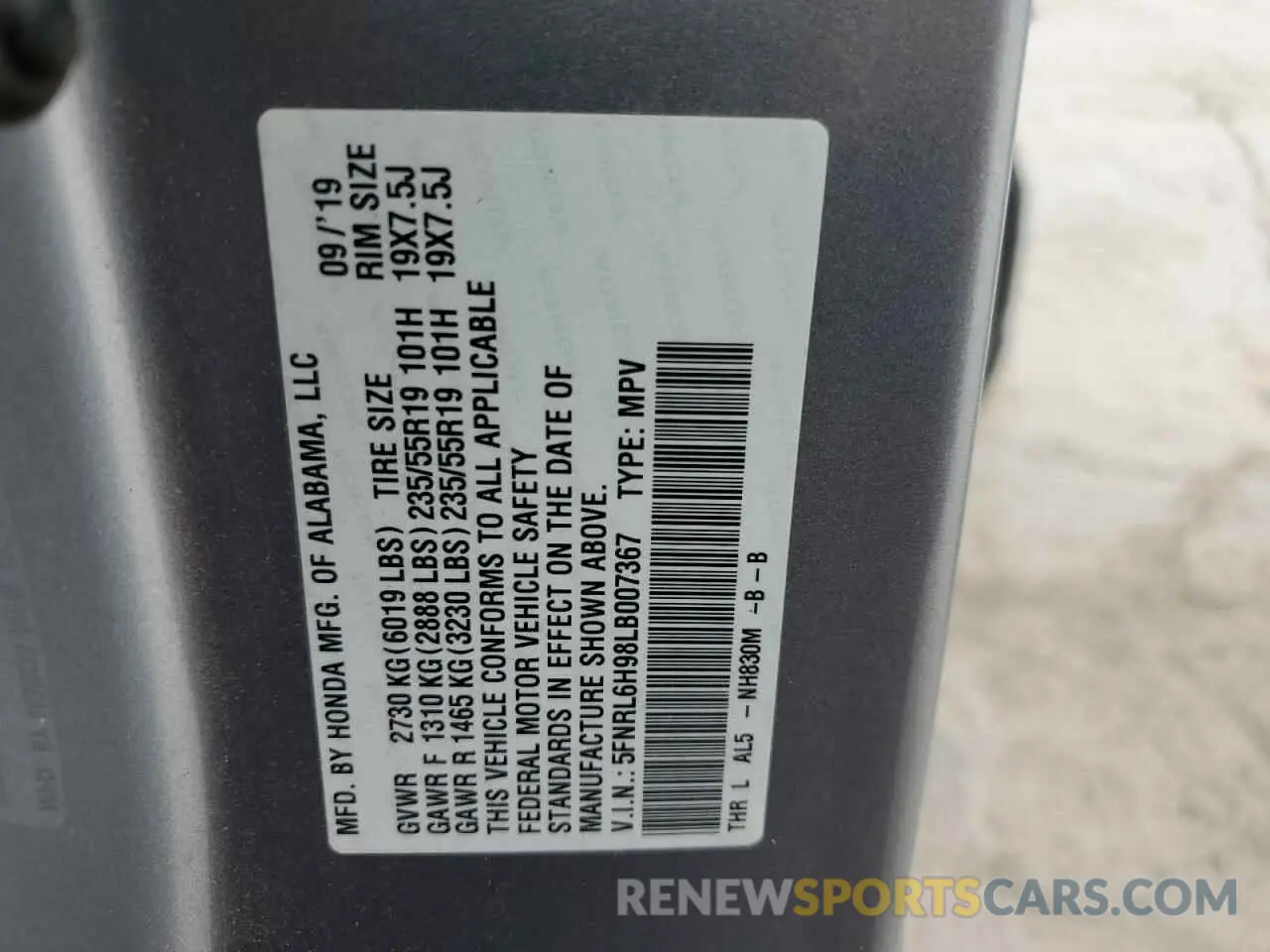 13 Photograph of a damaged car 5FNRL6H98LB007367 HONDA ODYSSEY 2020