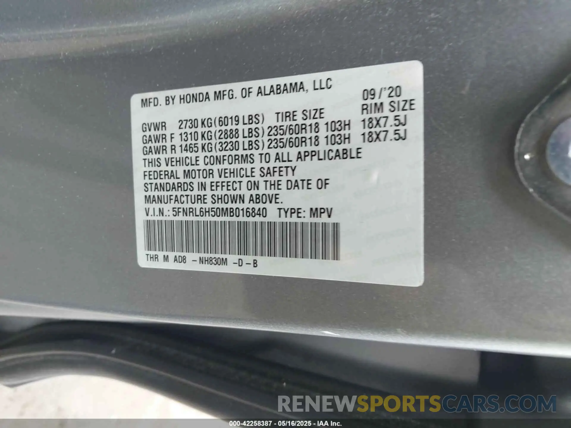 9 Фотография поврежденного автомобиля 5FNRL6H50MB016840 HONDA ODYSSEY 2021