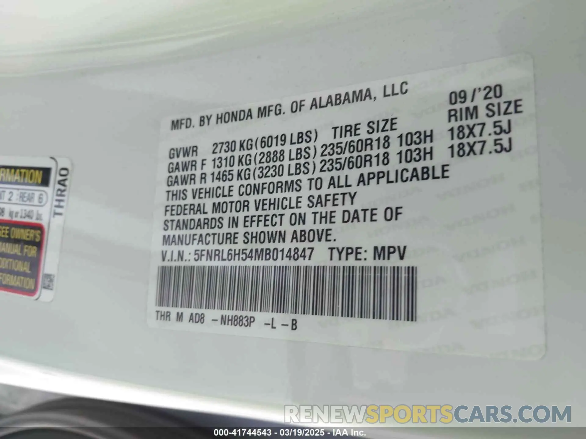 9 Фотография поврежденного автомобиля 5FNRL6H54MB014847 HONDA ODYSSEY 2021