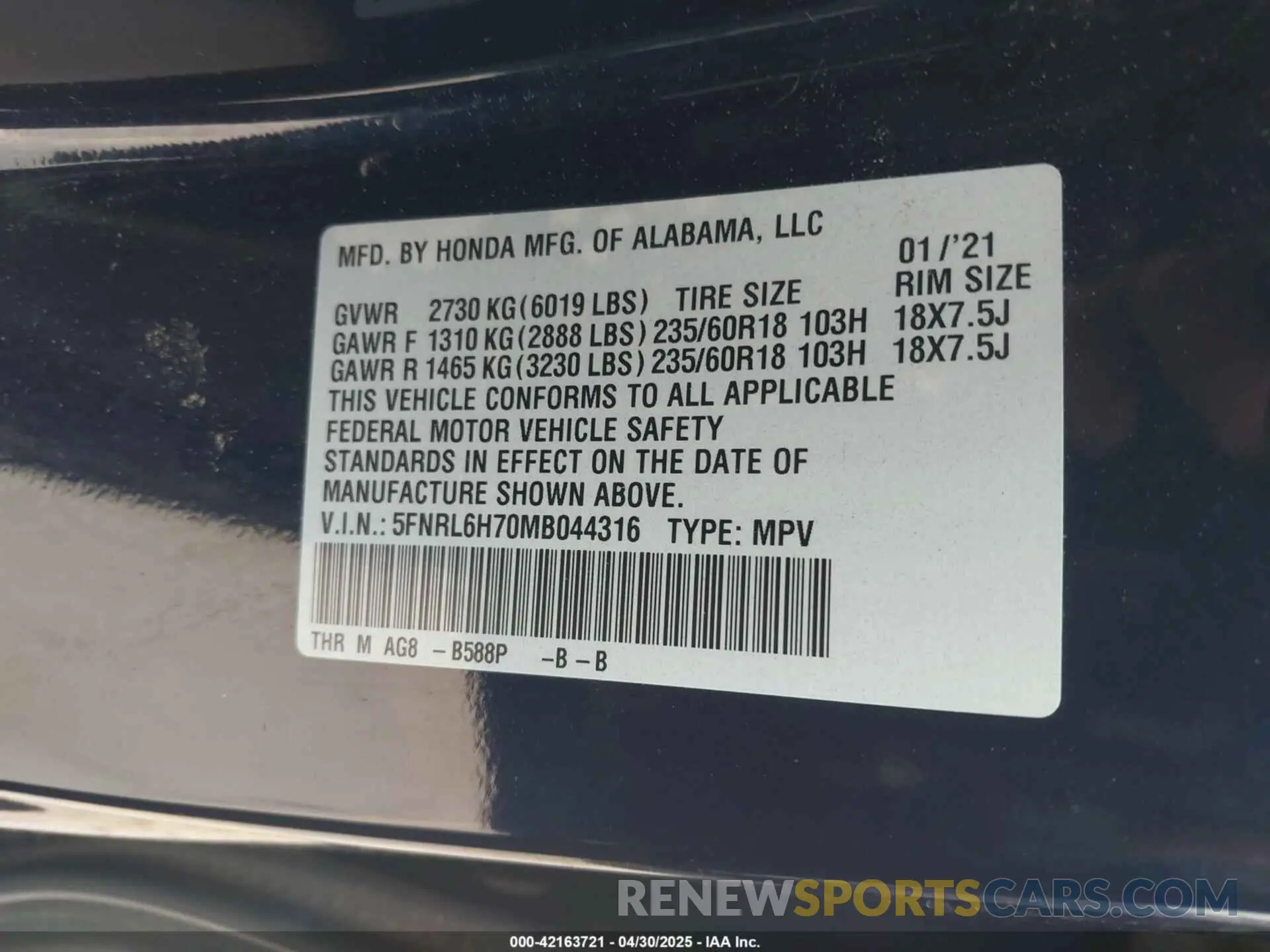 9 Photograph of a damaged car 5FNRL6H70MB044316 HONDA ODYSSEY 2021