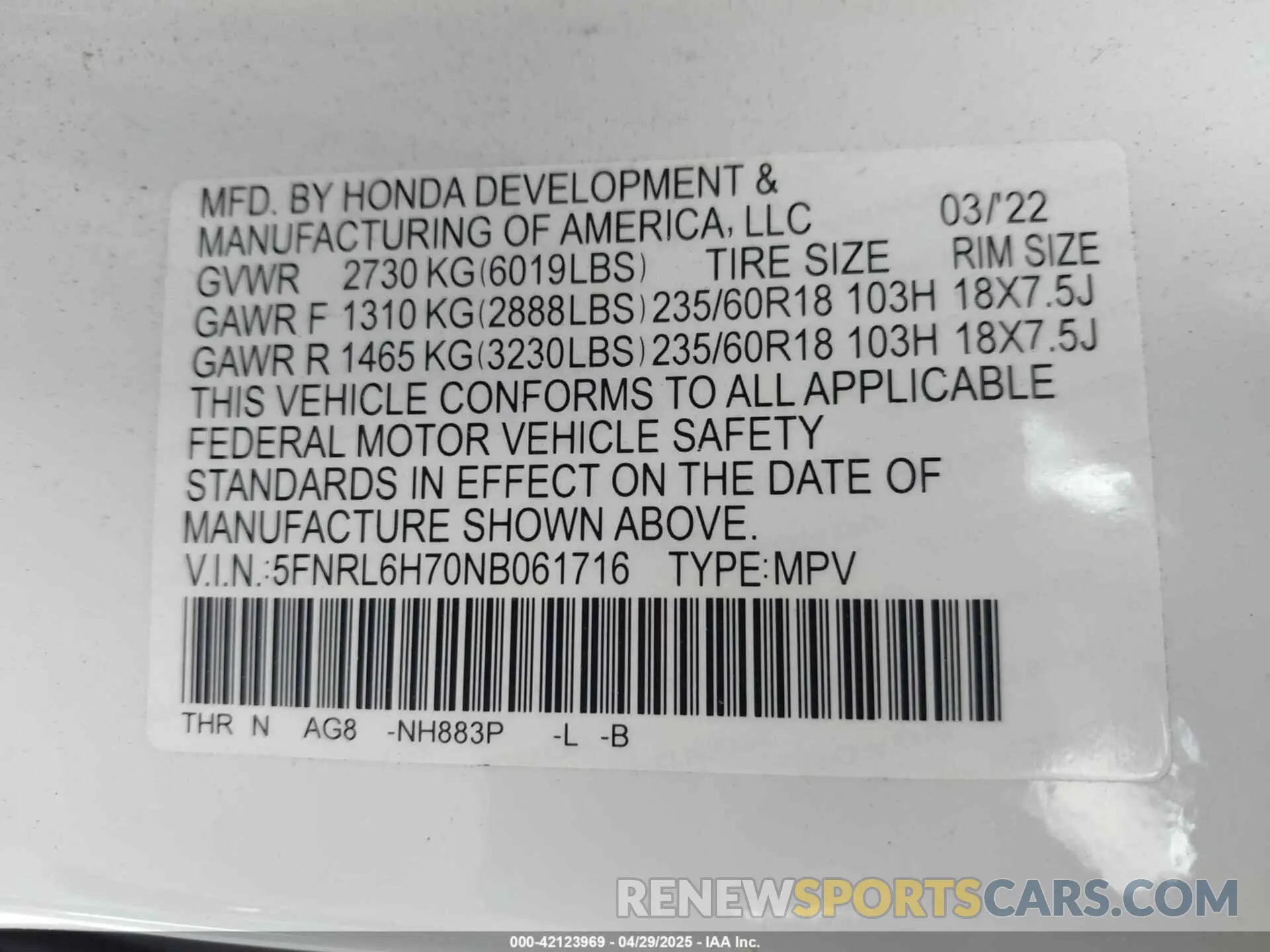 9 Photograph of a damaged car 5FNRL6H70NB061716 HONDA ODYSSEY 2022