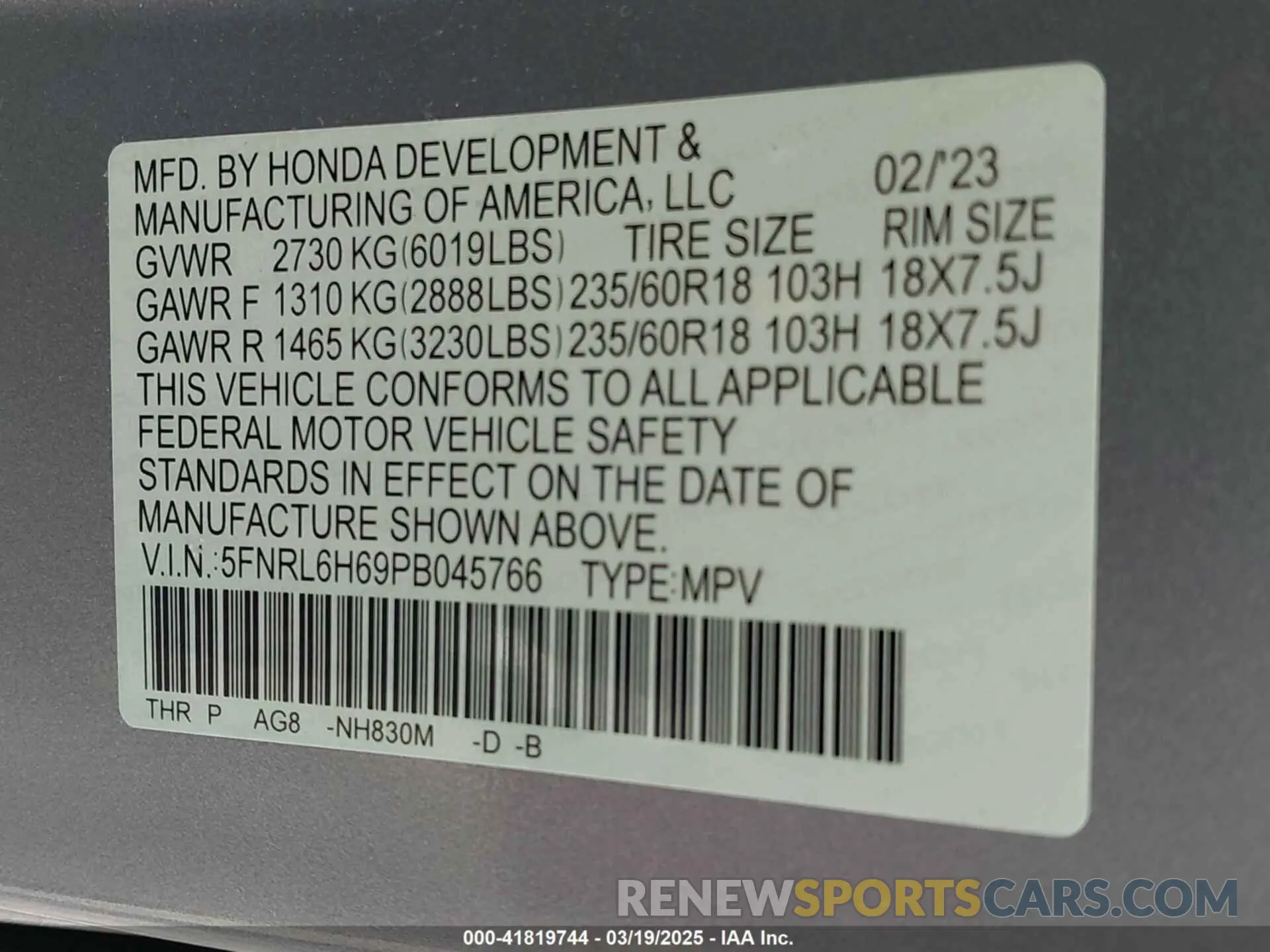 9 Photograph of a damaged car 5FNRL6H69PB045766 HONDA ODYSSEY 2023