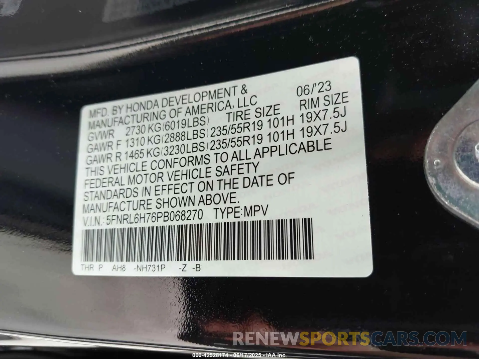 9 Photograph of a damaged car 5FNRL6H76PB068270 HONDA ODYSSEY 2023