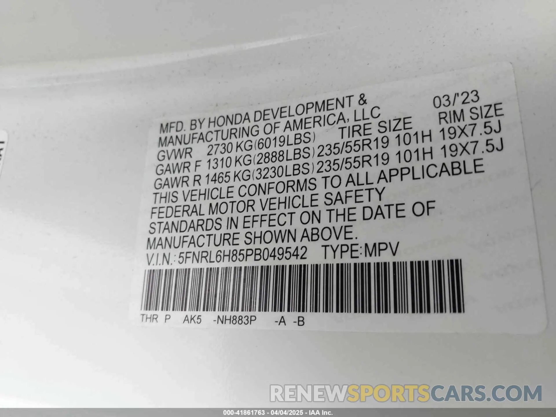 9 Фотография поврежденного автомобиля 5FNRL6H85PB049542 HONDA ODYSSEY 2023
