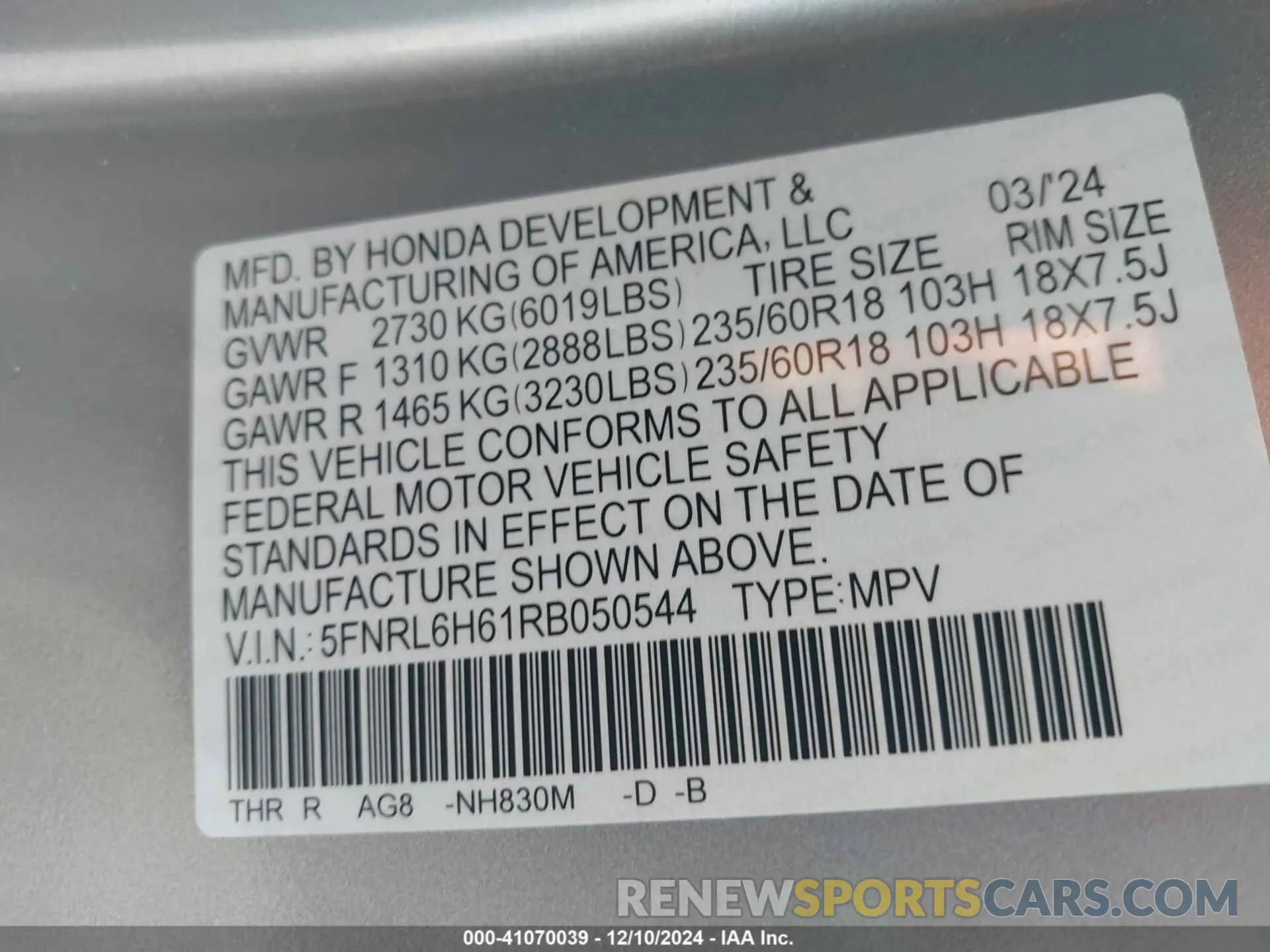 9 Фотография поврежденного автомобиля 5FNRL6H61RB050544 HONDA ODYSSEY 2024