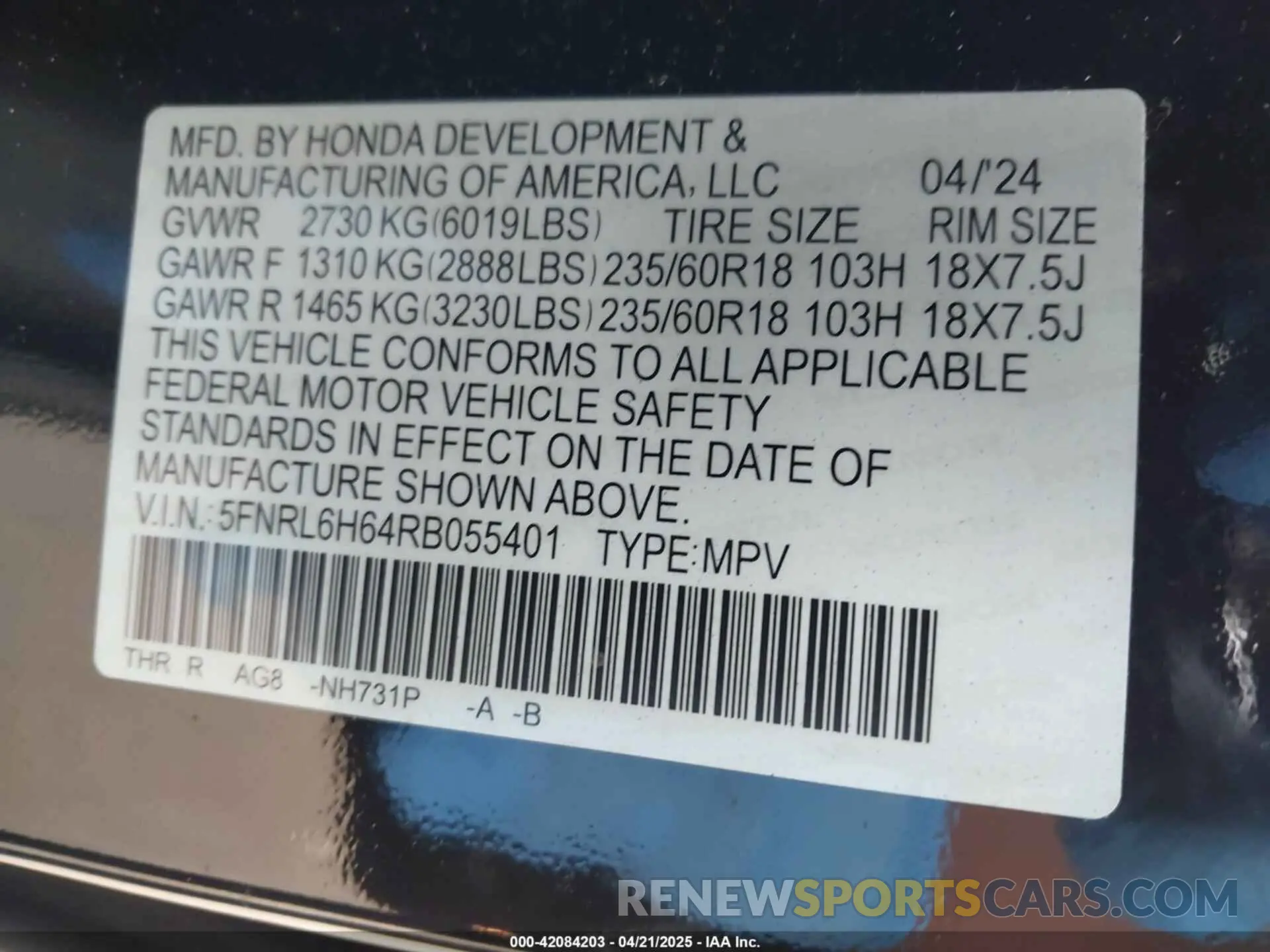 9 Photograph of a damaged car 5FNRL6H64RB055401 HONDA ODYSSEY 2024