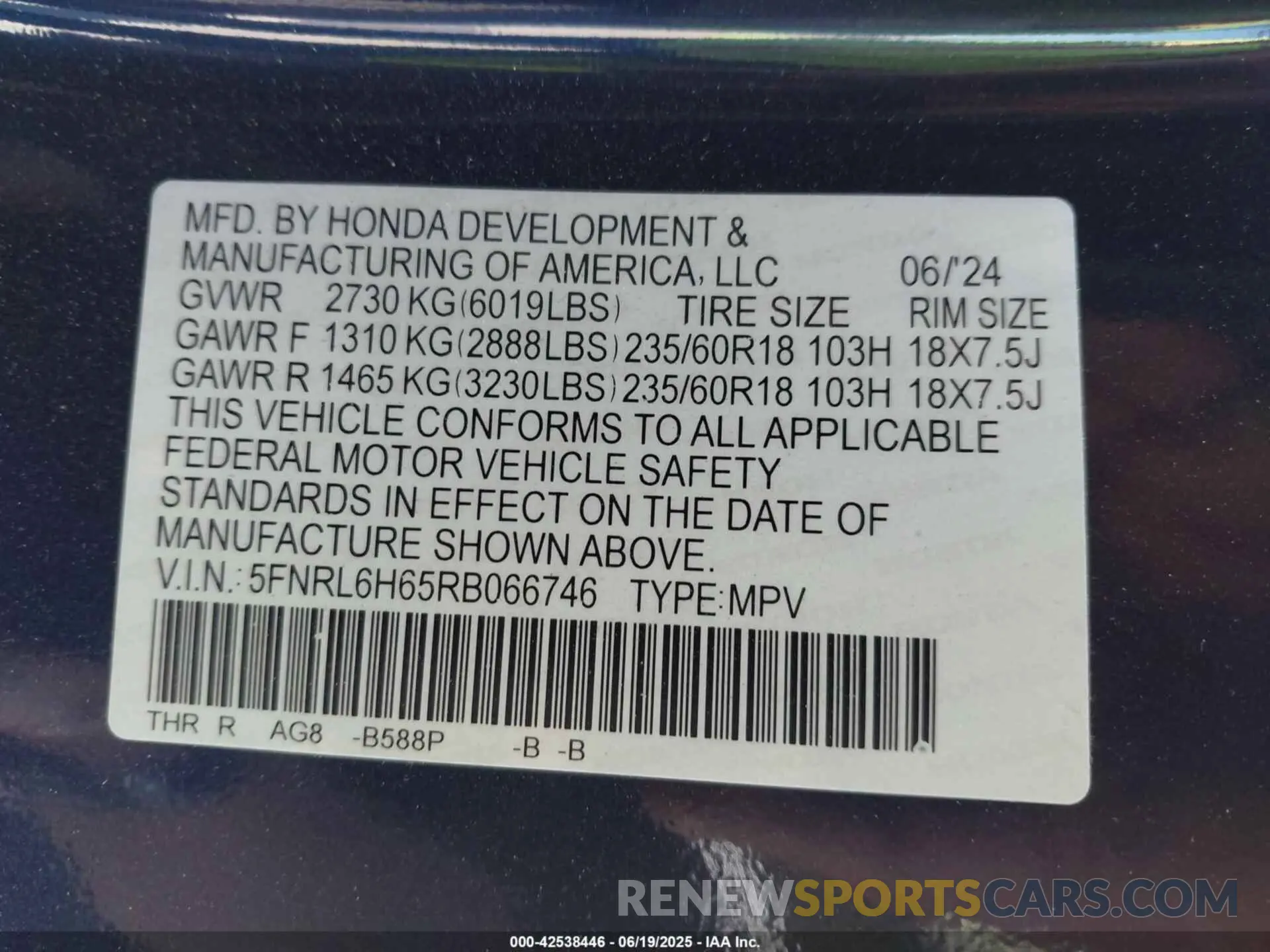 9 Photograph of a damaged car 5FNRL6H65RB066746 HONDA ODYSSEY 2024