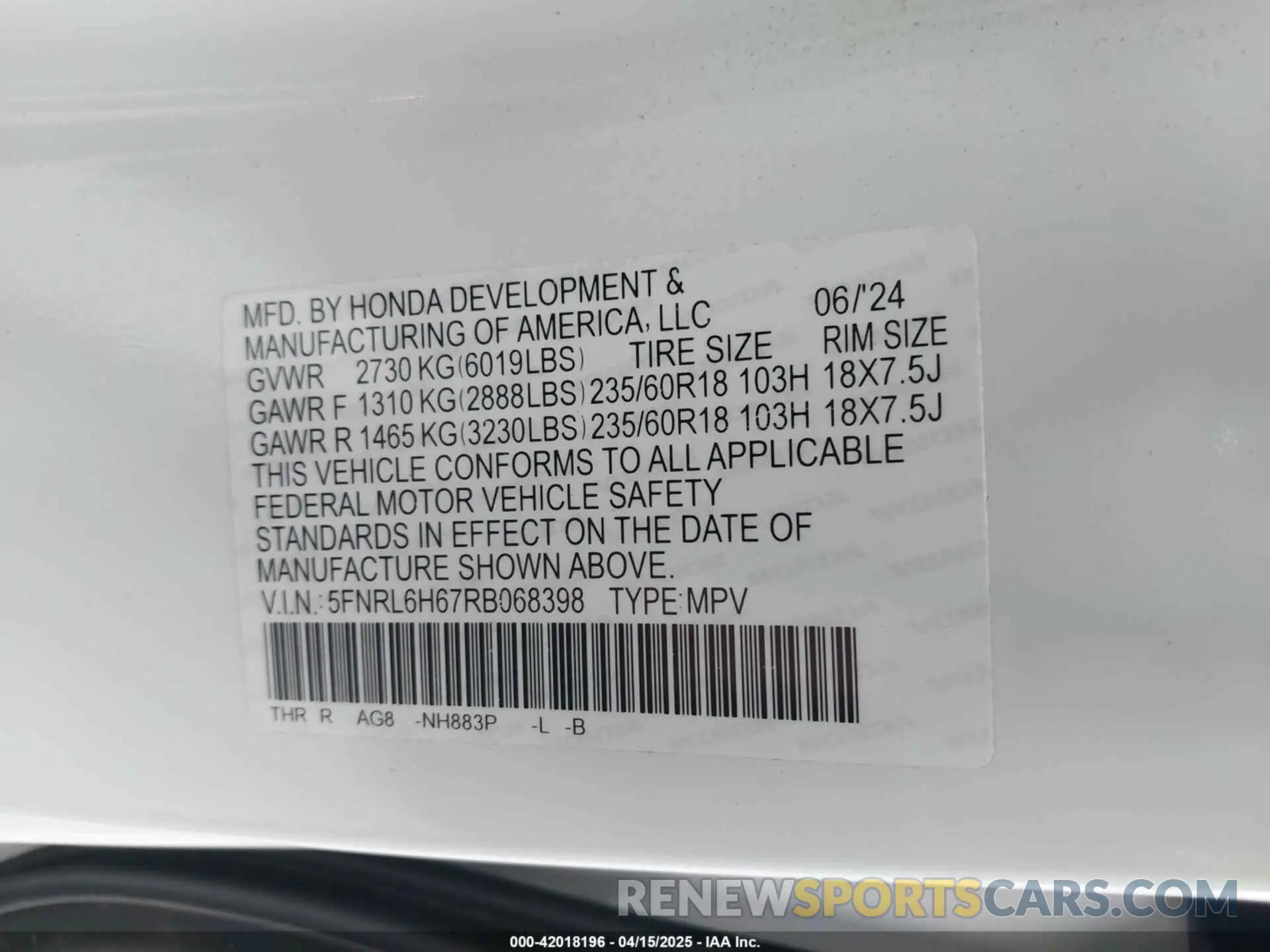9 Photograph of a damaged car 5FNRL6H67RB068398 HONDA ODYSSEY 2024