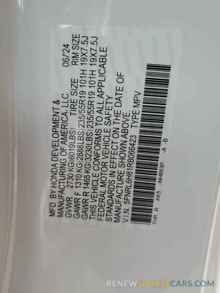 13 Фотография поврежденного автомобиля 5FNRL6H81RB066423 HONDA ODYSSEY 2024