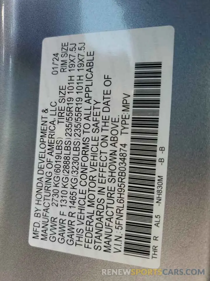 13 Фотография поврежденного автомобиля 5FNRL6H95RB034874 HONDA ODYSSEY 2024