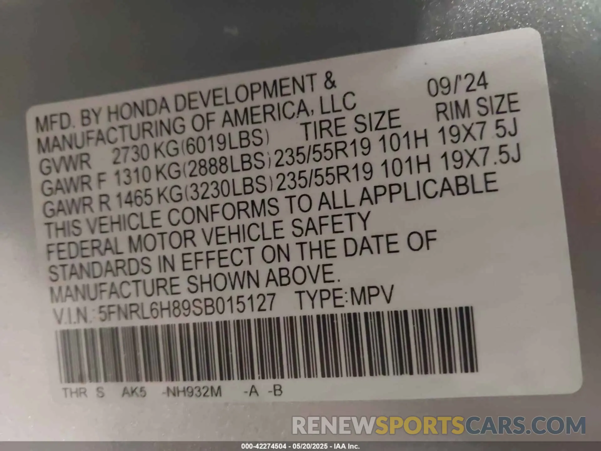 9 Photograph of a damaged car 5FNRL6H89SB015127 HONDA ODYSSEY 2025