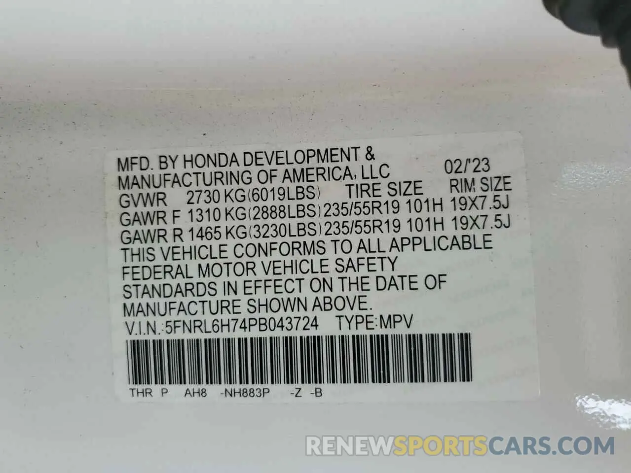 15 Photograph of a damaged car 5FNRL6H74PB043724 HONDA ODYSSEY SP 2023