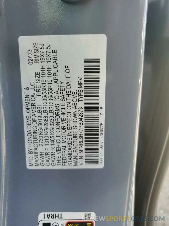 13 Фотография поврежденного автомобиля 5FNRL6H77PB042373 HONDA ODYSSEY SP 2023