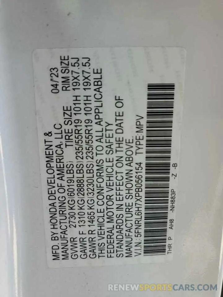 14 Фотография поврежденного автомобиля 5FNRL6H7XPB056154 HONDA ODYSSEY SP 2023