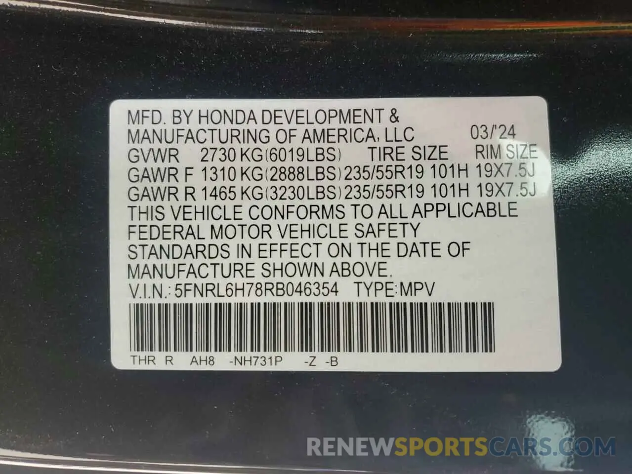 16 Фотография поврежденного автомобиля 5FNRL6H78RB046354 HONDA ODYSSEY SP 2024