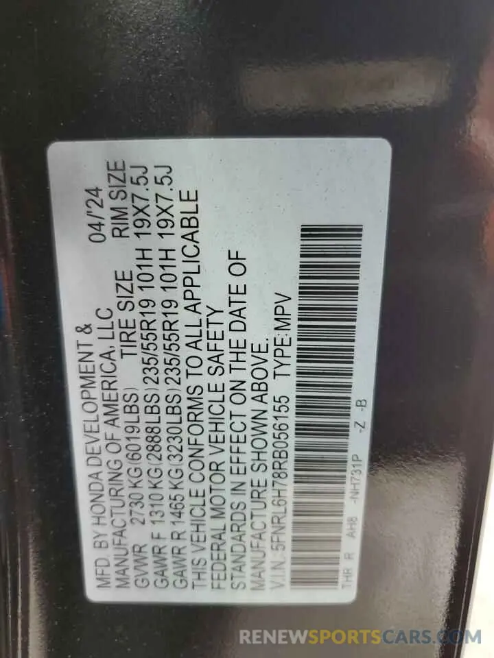 13 Photograph of a damaged car 5FNRL6H78RB056155 HONDA ODYSSEY SP 2024