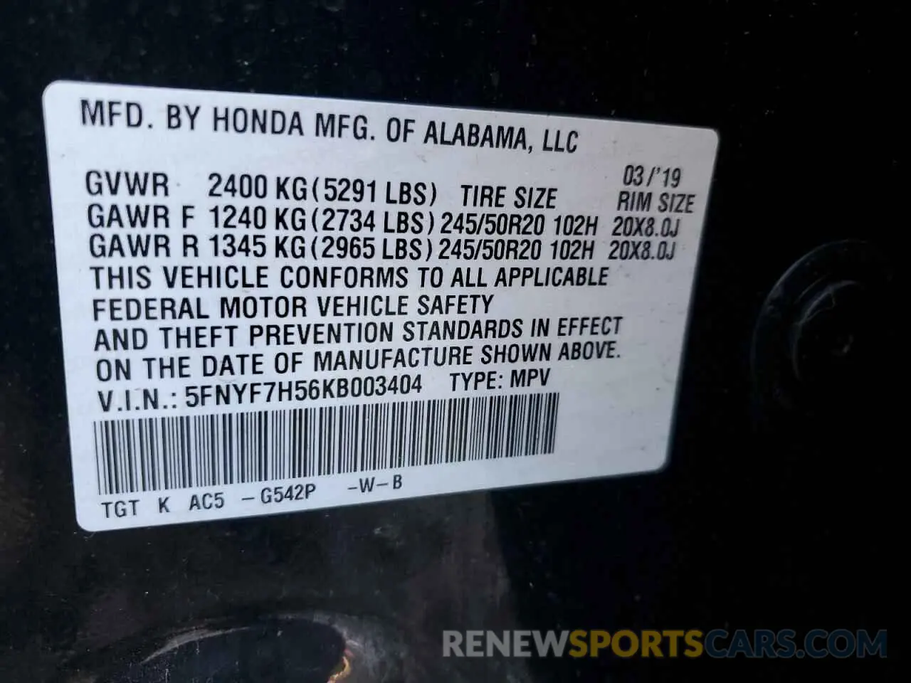 13 Photograph of a damaged car 5FNYF7H56KB003404 HONDA PASSPORT 2019