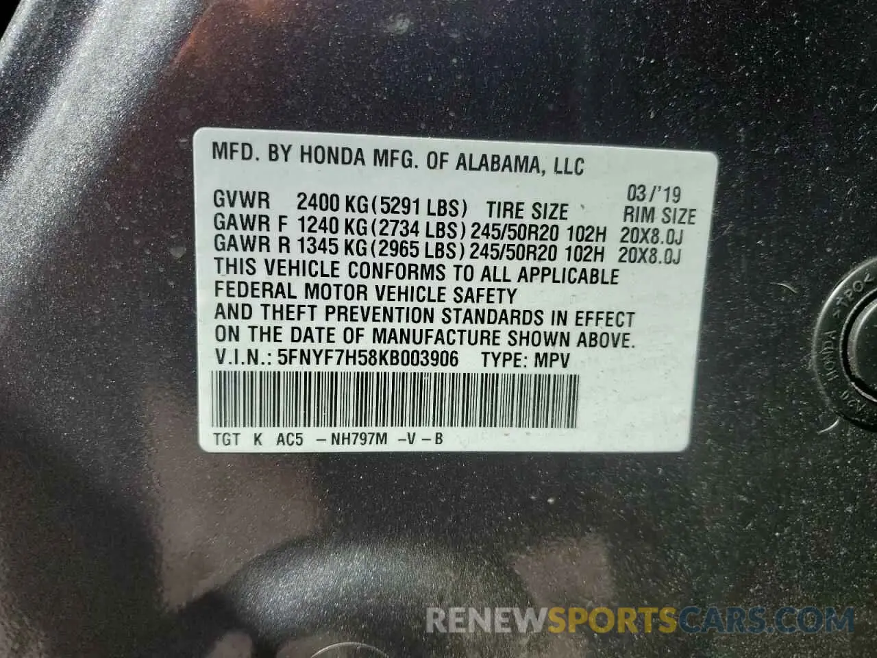 13 Photograph of a damaged car 5FNYF7H58KB003906 HONDA PASSPORT 2019