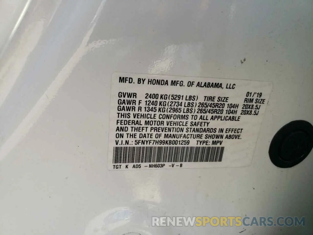 13 Фотография поврежденного автомобиля 5FNYF7H99KB001259 HONDA PASSPORT 2019